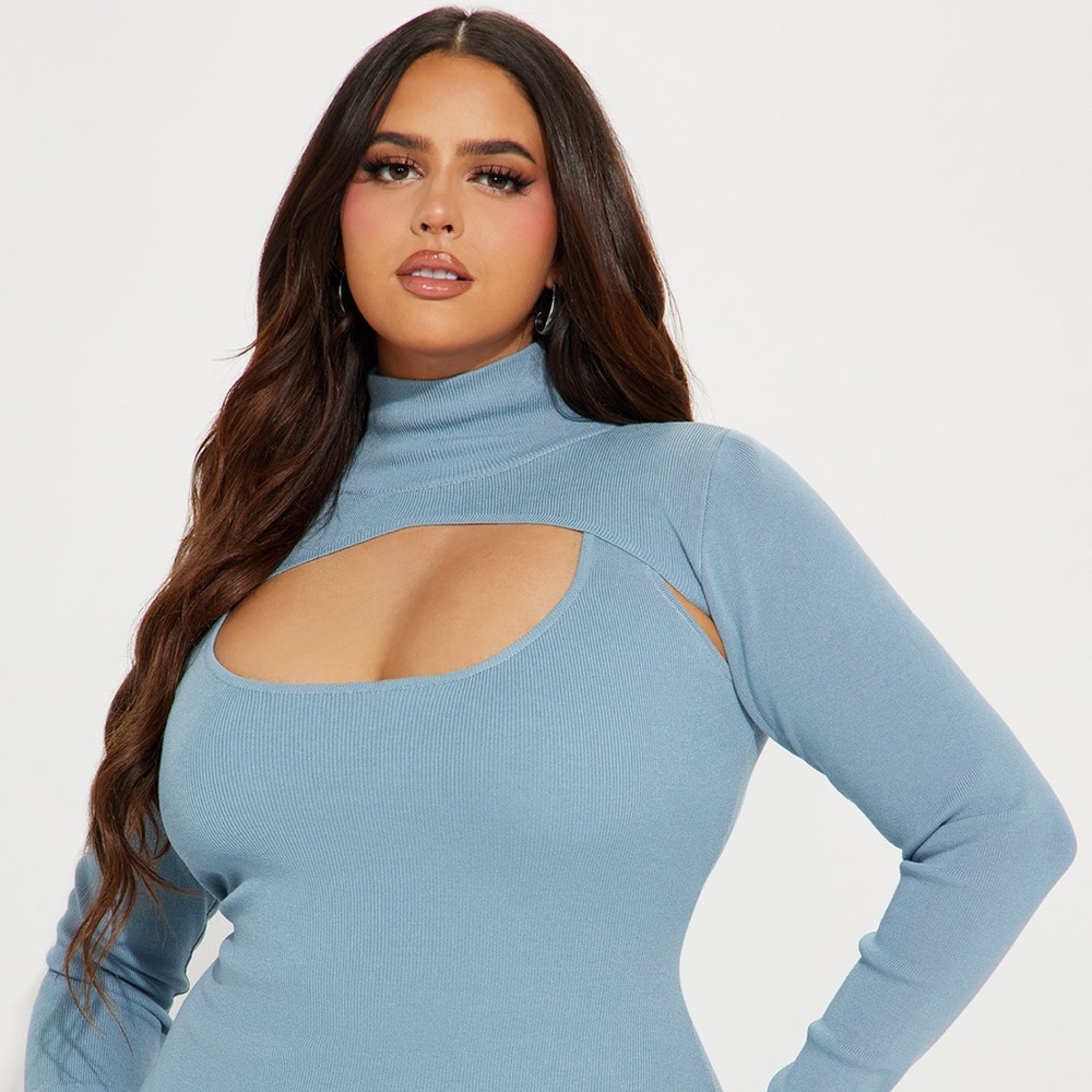 ~Allison Slate Blue Sweater Dress W/ Bolero Neckline, Front Cutout & Side Split~ - Picture 8 of 11